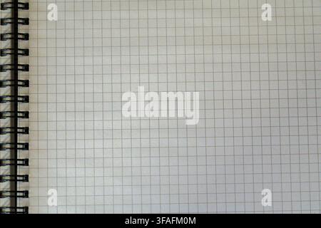Fotografia a vista dall'alto di una pagina vuota di un quaderno con carta a quadretti e rilegatura a spirale nera lungo il bordo sinistro Foto Stock