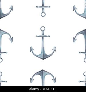 Modello senza cuciture con un classico ancorotto vintage. Attrezzatura nautica per la navigazione. Illustrazione ad acquerello. Sfondo disegnato a mano. Oggetto metallico per Foto Stock