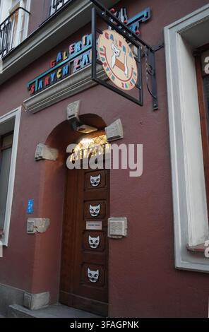 Ingresso del museo Galeria Starych Zabawek a Danzica, con illustrazioni di gatti sulla porta di legno e un cartello transetto in vetro. Foto Stock