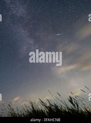 Metroide delle Perseidi che attraversa la Via Lattea sopra Inčukalns, Lettonia Foto Stock