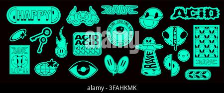 Set di adesivi Y2K rave con forme acide trippy isolate su sfondo nero. Illustrazione vettoriale di icone psichedeliche neon verdi, occhio, pianeta, timbri UFO funky per design per feste e grafiche urbane cool Illustrazione Vettoriale