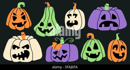 Set di vettori di scarabocchi di facce di zucche intagliate per Halloween per inviti alle feste Illustrazione Vettoriale