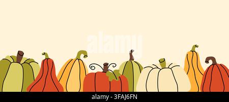 Bordo vettoriale di zucche colorate per il raccolto autunnale per biglietti di auguri Illustrazione Vettoriale
