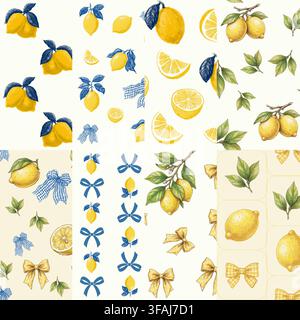 Set vettoriale di alta qualità di motivi a ripetizione senza soluzione di continuità coordinati in un'estetica mediterranea soleggiata. Presenta limoni gialli maturi, fette di agrumi, fogliame blu Illustrazione Vettoriale