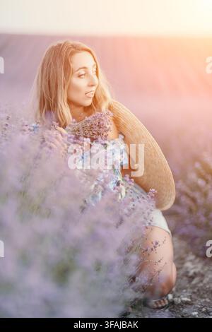 Donna in campo di lavanda estate giovane donna con cappello di paglia seduta tra i fiori viola in un prato soleggiato al tramonto Foto Stock