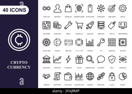 Una collezione completa di quaranta icone lineari di finanza e criptovalute per applicazioni digitali aziendali. Illustrazione Vettoriale
