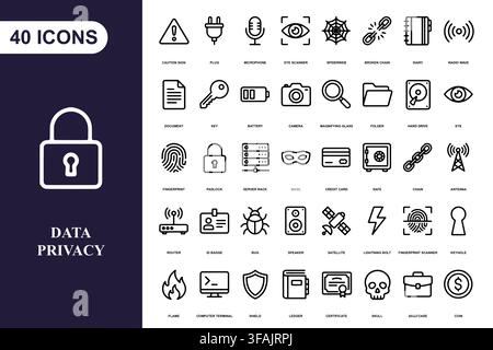 Una raccolta di quaranta icone a contorno che rappresentano concetti di privacy dei dati, sicurezza informatica e protezione digitale. Illustrazione Vettoriale