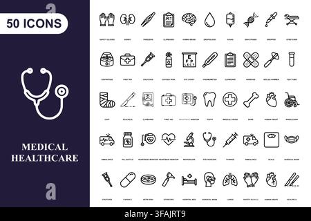 Una collezione completa di cinquanta icone in linea mediche e per la cura della salute per progetti di design professionali. Illustrazione Vettoriale