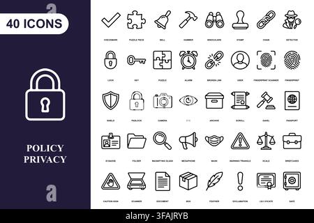 Una raccolta completa di quaranta icone lineari che rappresentano concetti di sicurezza, privacy e gestione aziendale. Illustrazione Vettoriale
