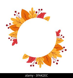Cornice rotonda autunnale con foglie gialle e rosse e bacche. Bordo vettoriale stagionale per biglietti, etichette, inviti, confezioni Illustrazione Vettoriale