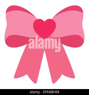 Nodo di nastro decorativo rosa delicato con un cuore rosso vivace al centro. Ideale per inviti di matrimonio, grafica per incartamenti di regali di San Valentino Illustrazione Vettoriale