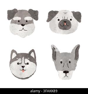 Set di facce di cani carini. Collezione di animali acquerellati vettoriali Illustrazione Vettoriale