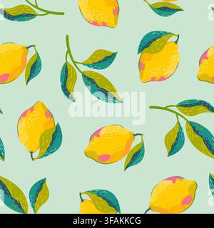 Motivo senza cuciture con limoni e rami. Texture alla moda con frutti di agrumi. Illustrazione vettoriale Illustrazione Vettoriale