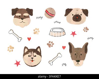 Set di cani carini. Illustrazione vettoriale canina con volti di carlino, husky e terrier Illustrazione Vettoriale