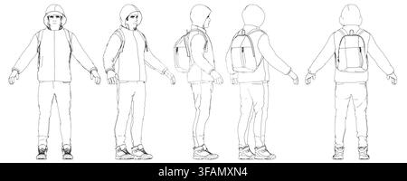 Uomo con zaini in fila, ognuno indossa diversi abiti invernali caldi. L'uomo è vestito con un abbigliamento accogliente per il freddo per un'avventura all'aperto Illustrazione Vettoriale
