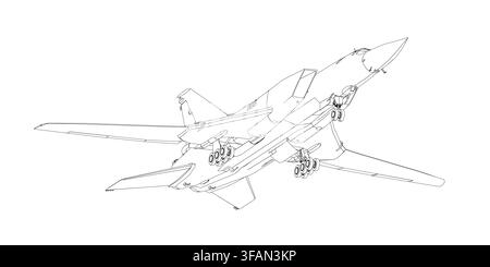 Un disegno di contorno di un caccia militare in bianco e nero, con ali, coda e motori dettagliati su uno sfondo bianco. Questo colo stampabile gratuito Illustrazione Vettoriale