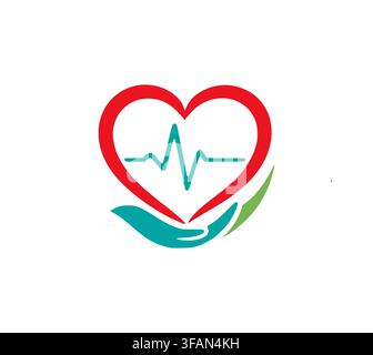 Design vettoriale logo con linea di battito cardiaco e mano di cura Illustrazione Vettoriale