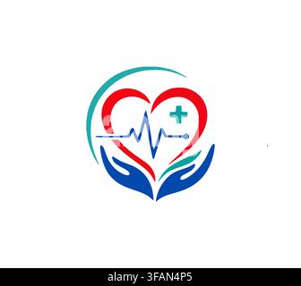 Cura medica Battito cardiaco e mani Progetto vettoriale logo Illustrazione Vettoriale