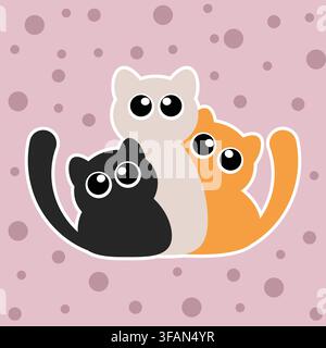 Tre graziosi gatti di cartone animato seduti insieme. Un gatto nero, un gatto beige e un gatto arancione con grandi occhi lucenti su sfondo rosa con punti, illustrazione vettoriale. Illustrazione Vettoriale