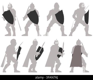 Silhouette di cavalieri medievali in varie pose di combattimento brandiscono spade e scudi. L'opera in bianco e nero crea un'estetica guerriera classica e senza tempo Illustrazione Vettoriale