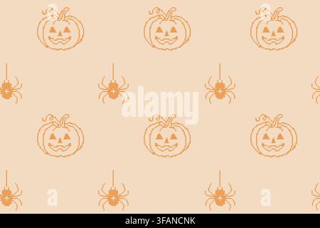 Motivo senza cuciture di Halloween a punto croce gotico. Texture di arte folkloristica con ricami boho. Motivo ripetibile di zucca e ragno sullo sfondo per digitale Illustrazione Vettoriale