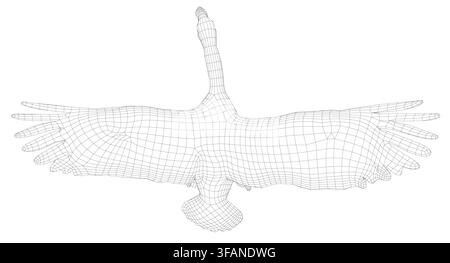 Un'oca in fil di ferro in volo, raffigurata come modello 3D con le ali aperte contro uno sfondo bianco pulito. La resa digitale realistica enfatizza Illustrazione Vettoriale