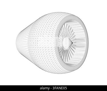 Un disegno in filo nero e bianco di un anello di motore a reazione presenta un motivo centrale a raggiera. Cerchi concentrici con linee radiali creano un intricato Illustrazione Vettoriale