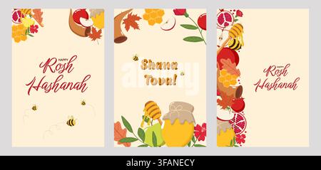 Tre biglietti di auguri Rosh Hashanah con mele, melagrane, miele, api, shofar e il testo Buon Rosh Hashanah Illustrazione Vettoriale