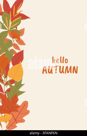 Biglietto di auguri autunnali con il testo "Ciao AUTUNNO" in carattere manoscritto arancione, decorato con foglie colorate in rosso, arancione, giallo Illustrazione Vettoriale