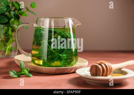 Tè alla menta fresco in una teiera di vetro trasparente, bevanda alle erbe fatta in casa Foto Stock