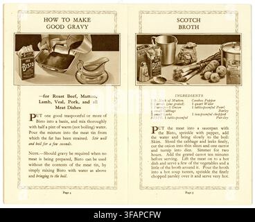 Cucina britannica tradizionale degli anni '30 - come preparare una buona salsa e ricette di brodo scozzese in un libretto di ricette con polvere di salsa Bisto, datato 1933, Regno Unito Foto Stock