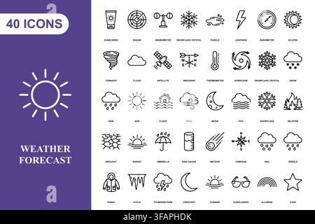 Una raccolta completa di quaranta icone lineari per le previsioni meteorologiche per applicazioni di meteorologia e clima. Illustrazione Vettoriale
