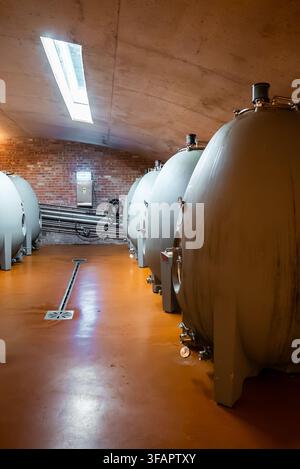Serbatoi di fermentazione a forma di uovo in cemento all'interno di una cantina moderna Foto Stock