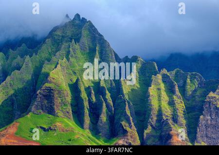 N Pali Coast offre alte scogliere sul mare e paesaggi verdeggianti sull'isola di Kauai alle Hawaii con nuvole in cielo Foto Stock