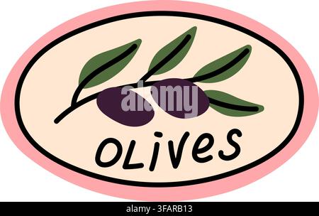 Simpatico badge vettoriale ovale disegnato a mano con ramo di olive nere e scritte isolate su sfondo bianco Illustrazione Vettoriale