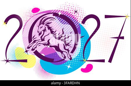 2027 Buon anno nuovo anno della Capra. Disegnato a mano. Non IA, illustrazione vettoriale. Illustrazione Vettoriale