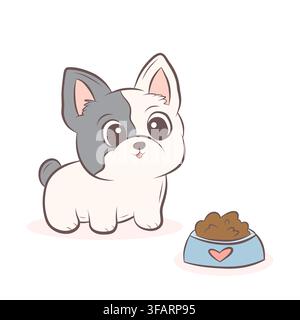 Illustrazione vettoriale di un cucciolo di bulldog francese con una ciotola di cibo Illustrazione Vettoriale