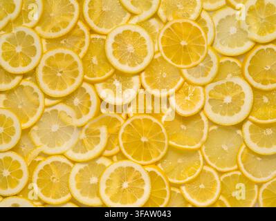 Prima pianura dall'alto, inquadratura totale, fotografia Flat Lay di fette di limone fresco Foto Stock