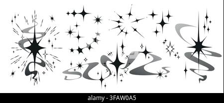 Icone a forma di stella Y2K con raggi di luce scintillanti isolati su sfondo bianco. Illustrazione vettoriale di esplosioni retrò scintillanti, elementi cosmici luccicanti per disegni di tatuaggi, progetti grafici vintage dello spazio Illustrazione Vettoriale