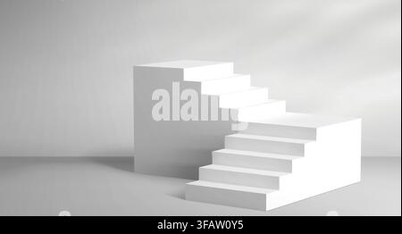 Podio geometrico 3D bianco con scala, sfondo realistico vettoriale con ombre morbide sul muro. Piattaforma di esposizione minimalista per la presentazione di prodotti, showroom moderno con palco isometrico Illustrazione Vettoriale