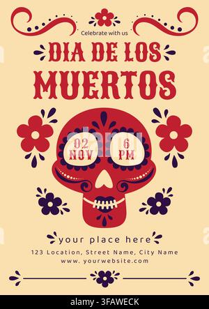Poster per la celebrazione del Día de los Muertos con teschio di zucchero e design artistico folk messicano floreale Illustrazione Vettoriale