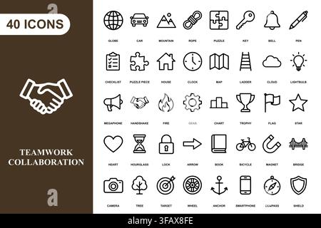 Una raccolta completa di quaranta icone in linea per progetti aziendali, tecnologici e creativi. Illustrazione Vettoriale