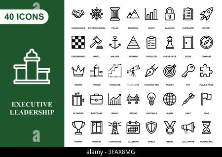 Una raccolta di quaranta icone professionali in arte lineare sul leadership e la gestione aziendale per progetti di design aziendale. Illustrazione Vettoriale