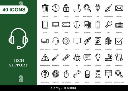 Una raccolta completa di quaranta icone lineari di tecnologia e supporto tecnico per la progettazione di interfacce digitali. Illustrazione Vettoriale