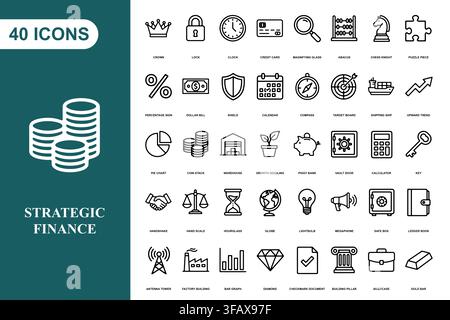 Una raccolta completa di quaranta icone lineari di finanza e affari per progetti di design aziendale professionali. Illustrazione Vettoriale