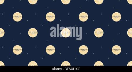 Testo del Festival di Mezza Autunno su luna piena e stelle su sfondo blu scuro Formato banner a motivo senza cuciture. Illustrazione vettoriale isolata a tema Festival di Mezza Autunno per design di packaging, stampa o materiali promozionali Illustrazione Vettoriale