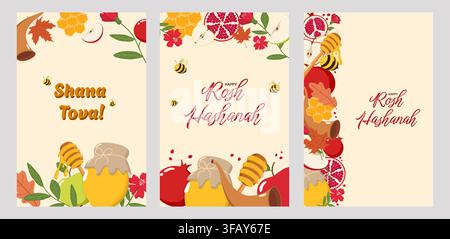 Tre biglietti di auguri Rosh Hashanah con testi ebraici e inglesi „Shanah Tovah“ e „Happy Rosh Hashanah“, decorati con mele, melagrane Illustrazione Vettoriale