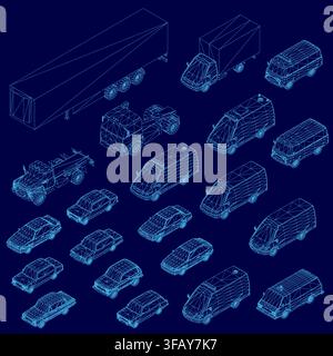 Modello wireframe di progetti su carta di varie auto e camion disposti in un modello a griglia su sfondo blu solido. Ogni veicolo presenta un design minimalista unico Illustrazione Vettoriale