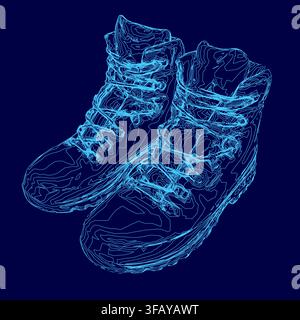 Un paio di scarpe da ginnastica blu in stile militare si staglia in un netto profilo su uno sfondo blu scuro. Illustrazione Vettoriale