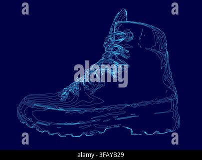 Un paio di scarpe da ginnastica in stile militare in un disegno a linea blu su uno sfondo blu scuro. Illustrazione Vettoriale